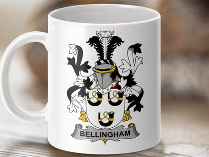 Physical Item 11oz / White Bellingham Surname Irish Heraldry Ceramic Mug