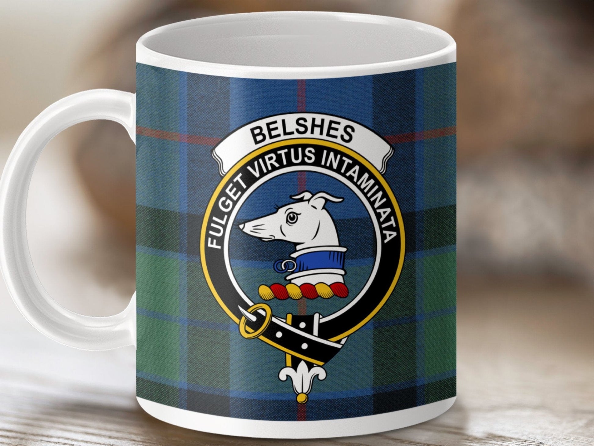 Physical Item 11oz / White Belshes Clan Crest Tartan Scottish Mug