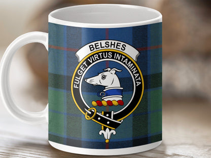 Physical Item 11oz / White Belshes Clan Crest Tartan Scottish Mug