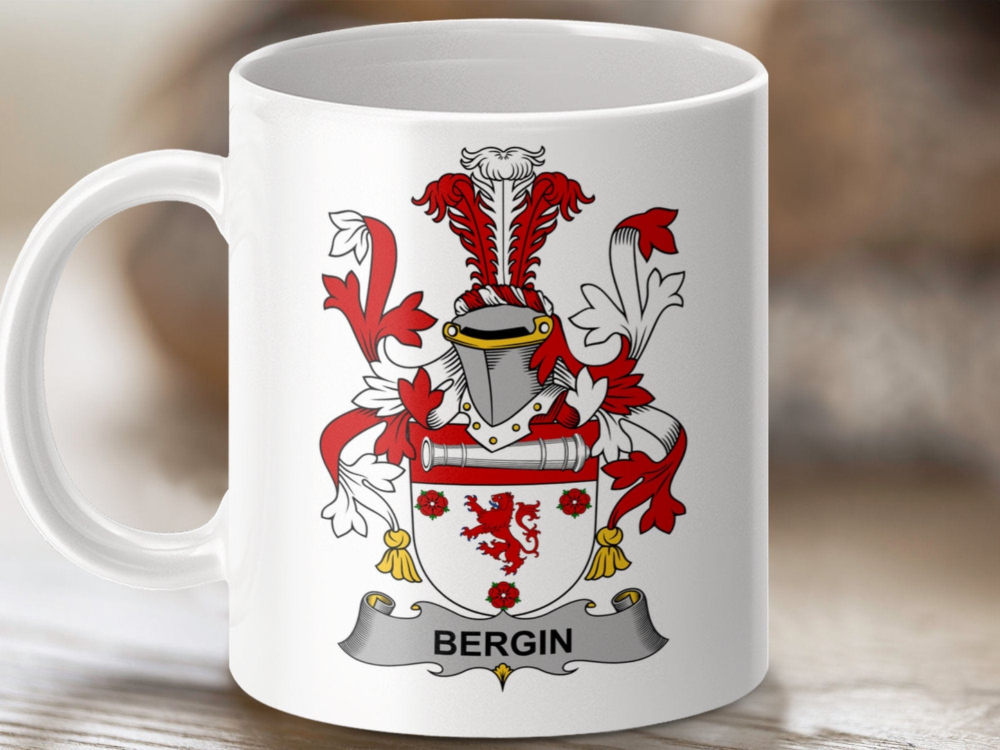 Physical Item 11oz / White Bergin Surname Irish Heraldry Ceramic Mug