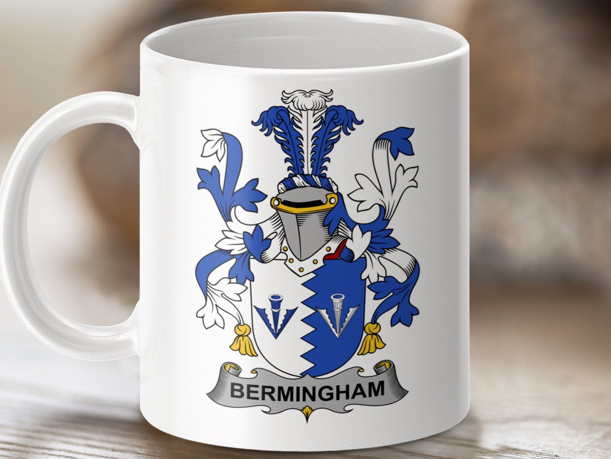 Physical Item 11oz / White Bermingham Surname Irish Heraldry Ceramic Mug