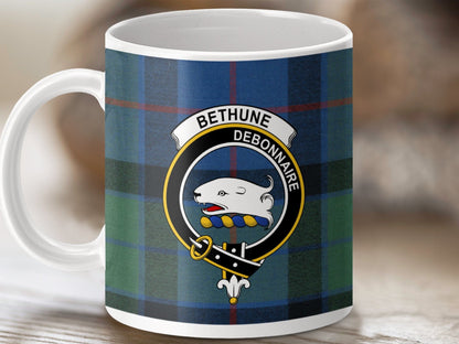 Physical Item 11oz / White Bethune Clan Crest Tartan Scottish Mug