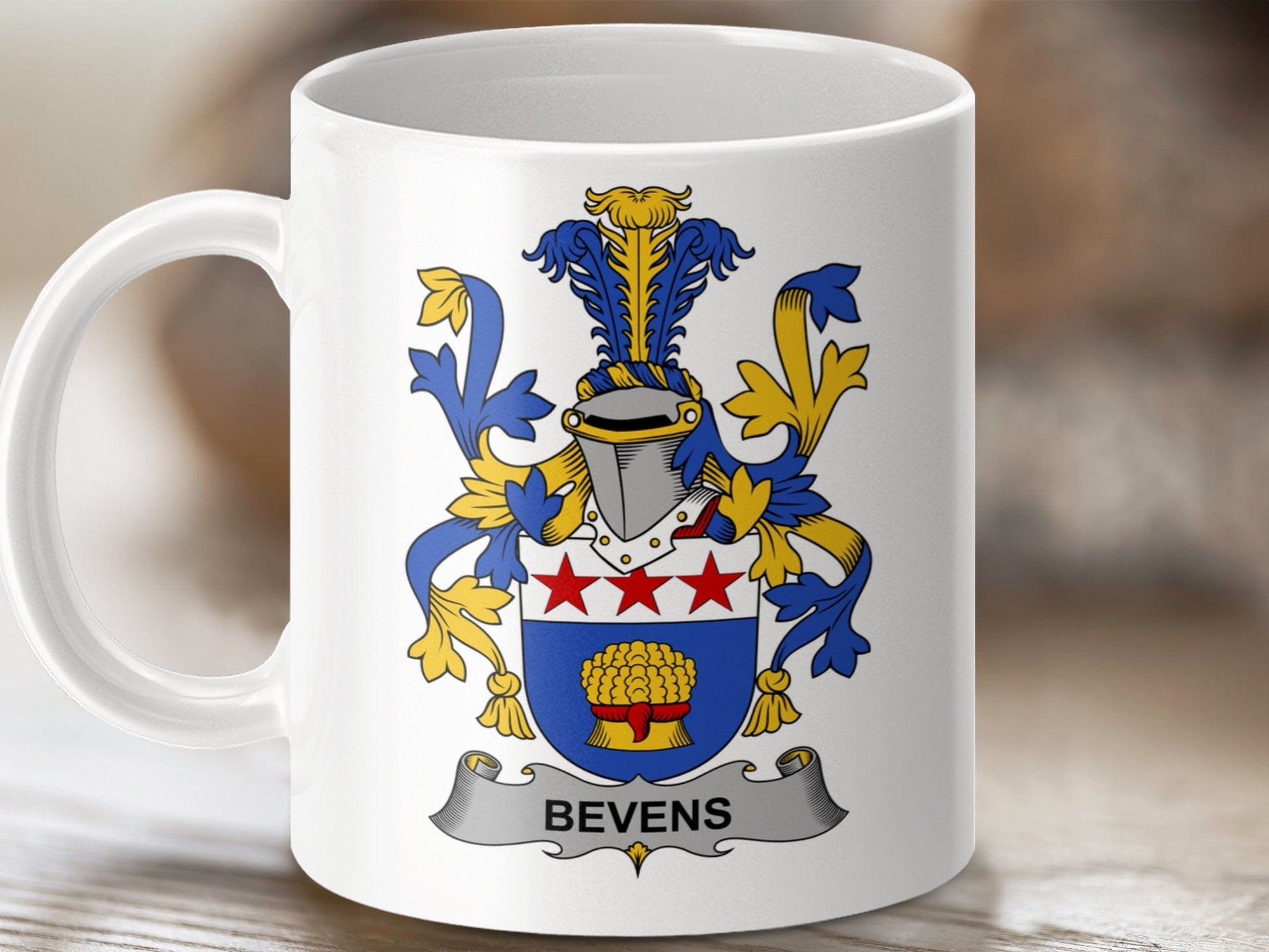 Physical Item 11oz / White Bevens Surname Irish Heraldry Crest Ceramic Mug