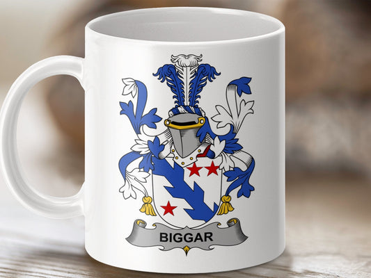 Physical Item 11oz / White Biggar Surname Irish Heraldry Ceramic Mug