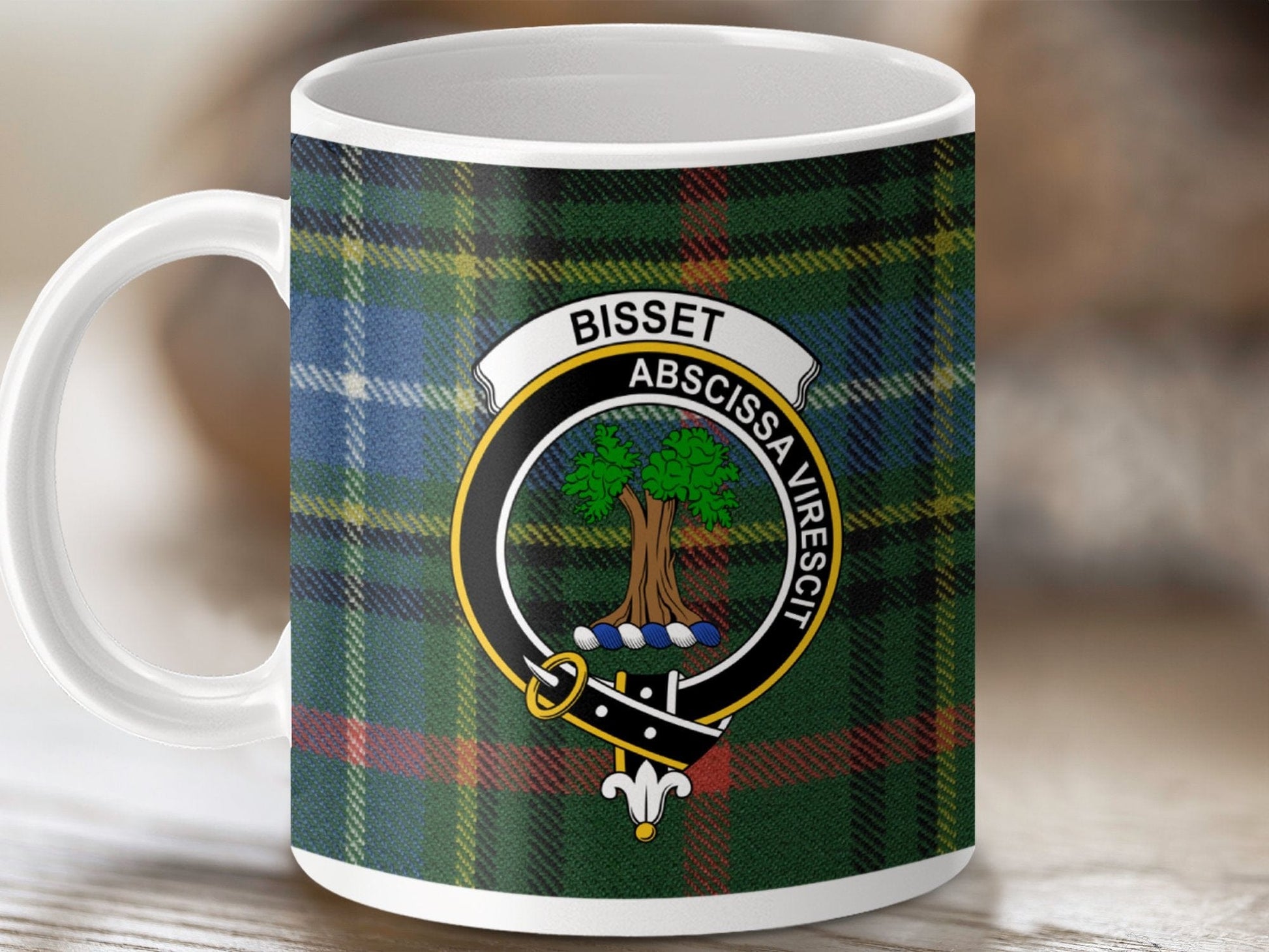 Physical Item 11oz / White Bisset Clan Crest Tartan Scottish Mug