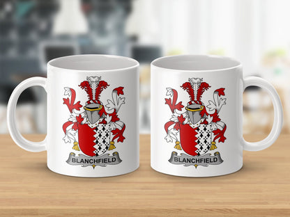 Physical Item 11oz / White Blanchfield Surname Irish Heraldry Emblem Mug