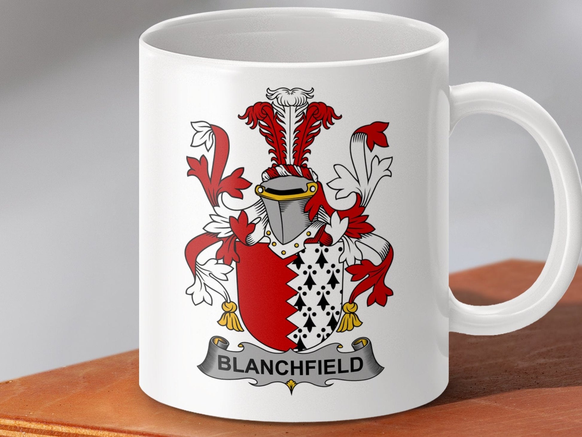 Physical Item 11oz / White Blanchfield Surname Irish Heraldry Emblem Mug