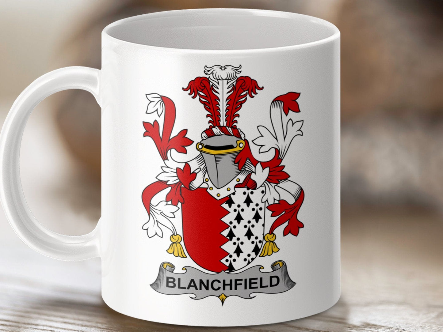 Physical Item 11oz / White Blanchfield Surname Irish Heraldry Emblem Mug