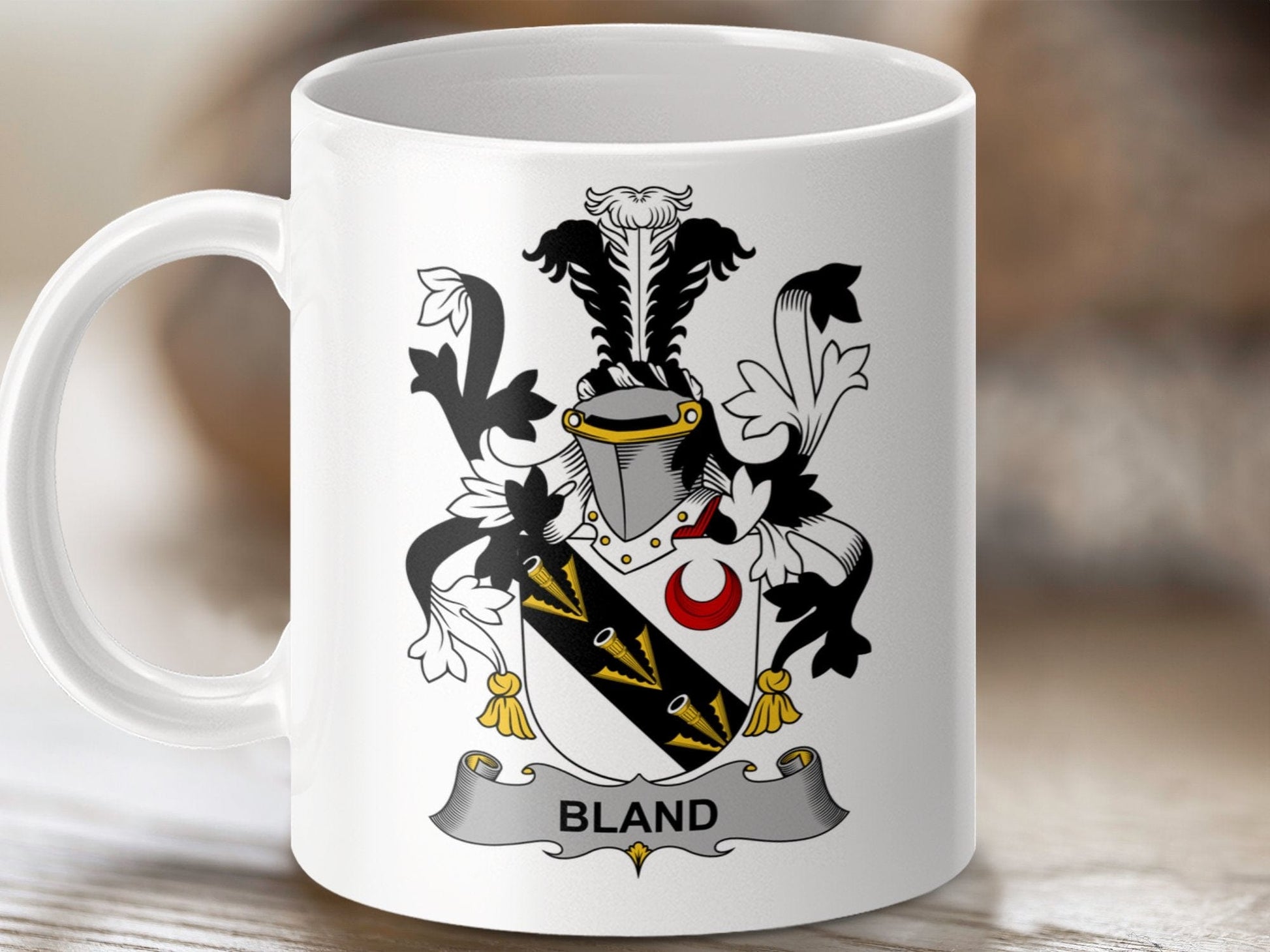 Physical Item 11oz / White Bland Surname Irish Heraldry Coat of Arms Mug