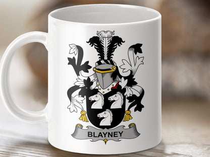 Physical Item 11oz / White Blayney Surname Irish Heraldry Family Crest Mug