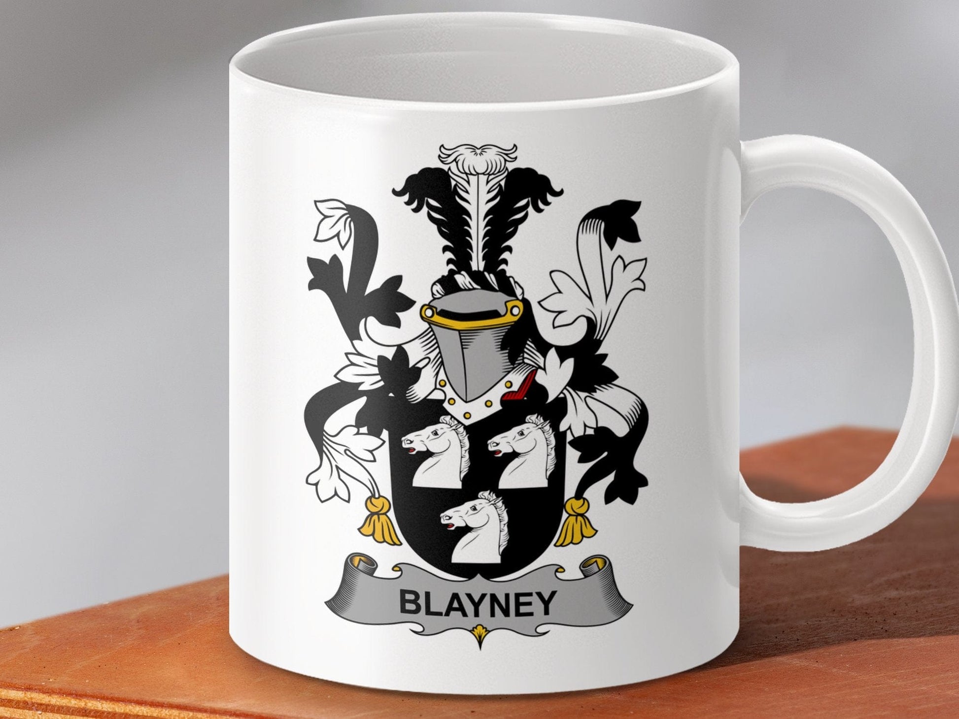 Physical Item 11oz / White Blayney Surname Irish Heraldry Family Crest Mug