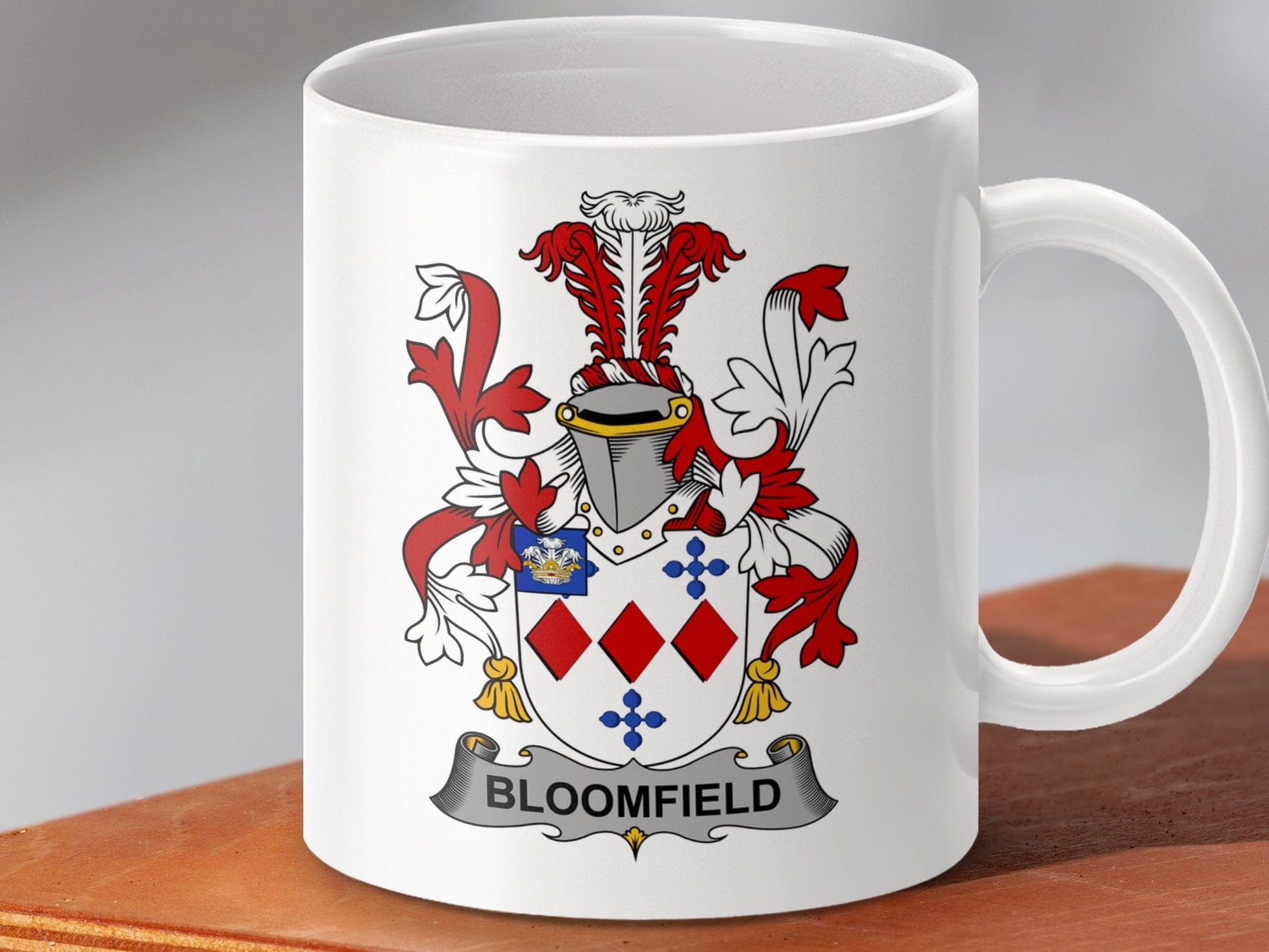 Physical Item 11oz / White Bloomfield Surname Irish Heraldry Ceramic Mug