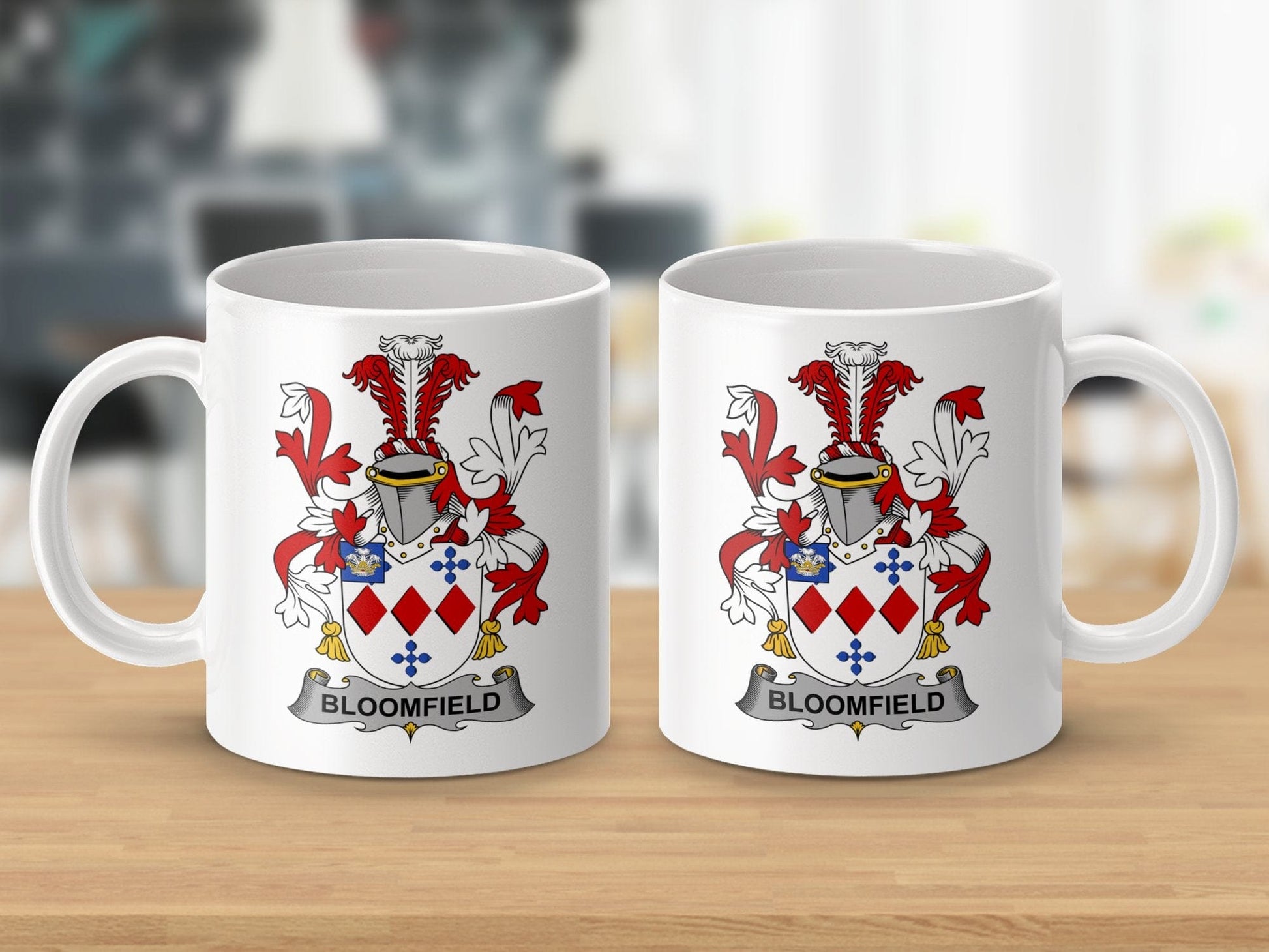 Physical Item 11oz / White Bloomfield Surname Irish Heraldry Ceramic Mug