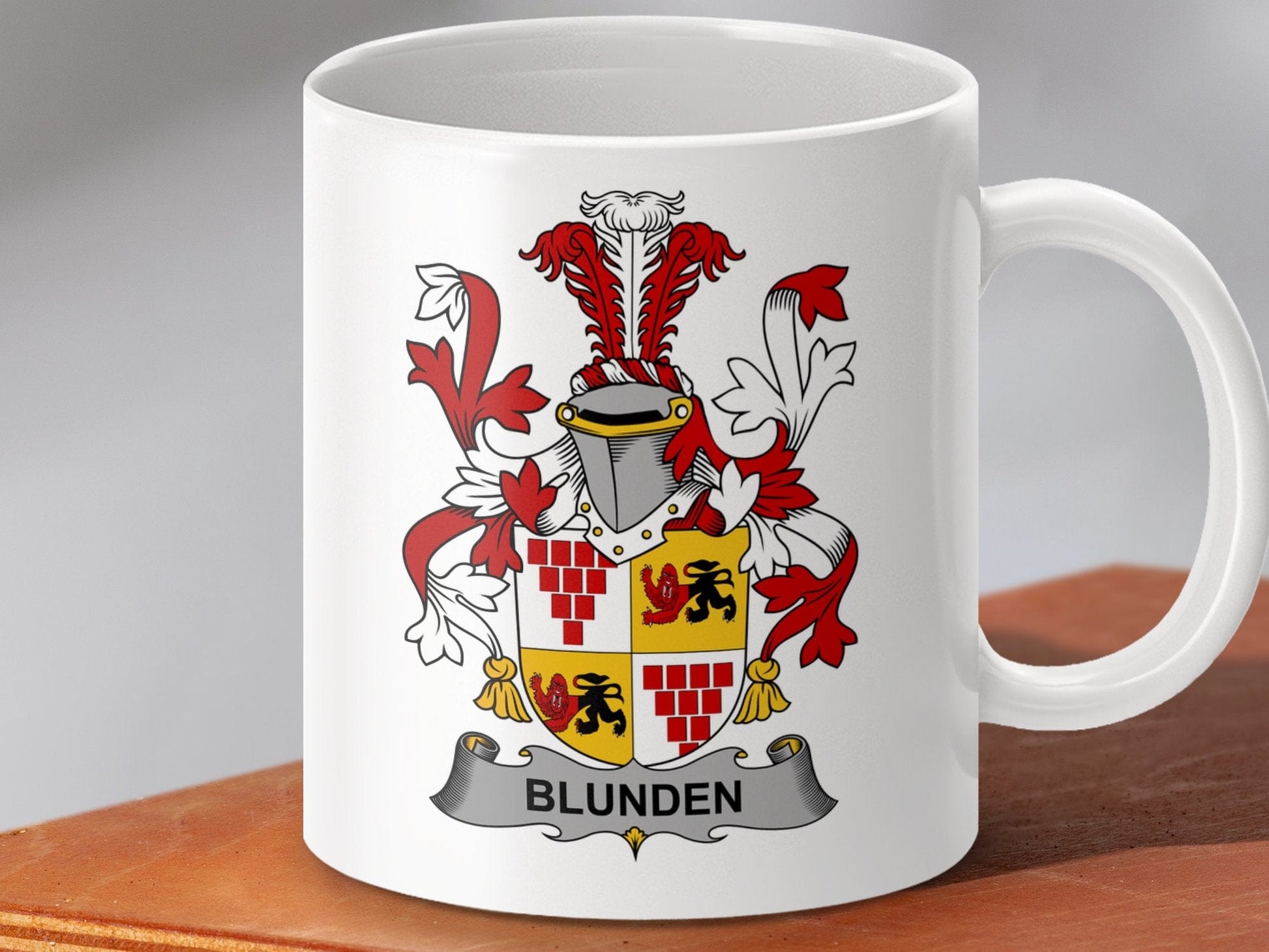 Physical Item 11oz / White Blunden Surname Irish Heraldry Coat of Arms Mug