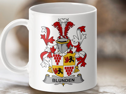 Physical Item 11oz / White Blunden Surname Irish Heraldry Coat of Arms Mug