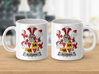 Physical Item 11oz / White Blunden Surname Irish Heraldry Coat of Arms Mug