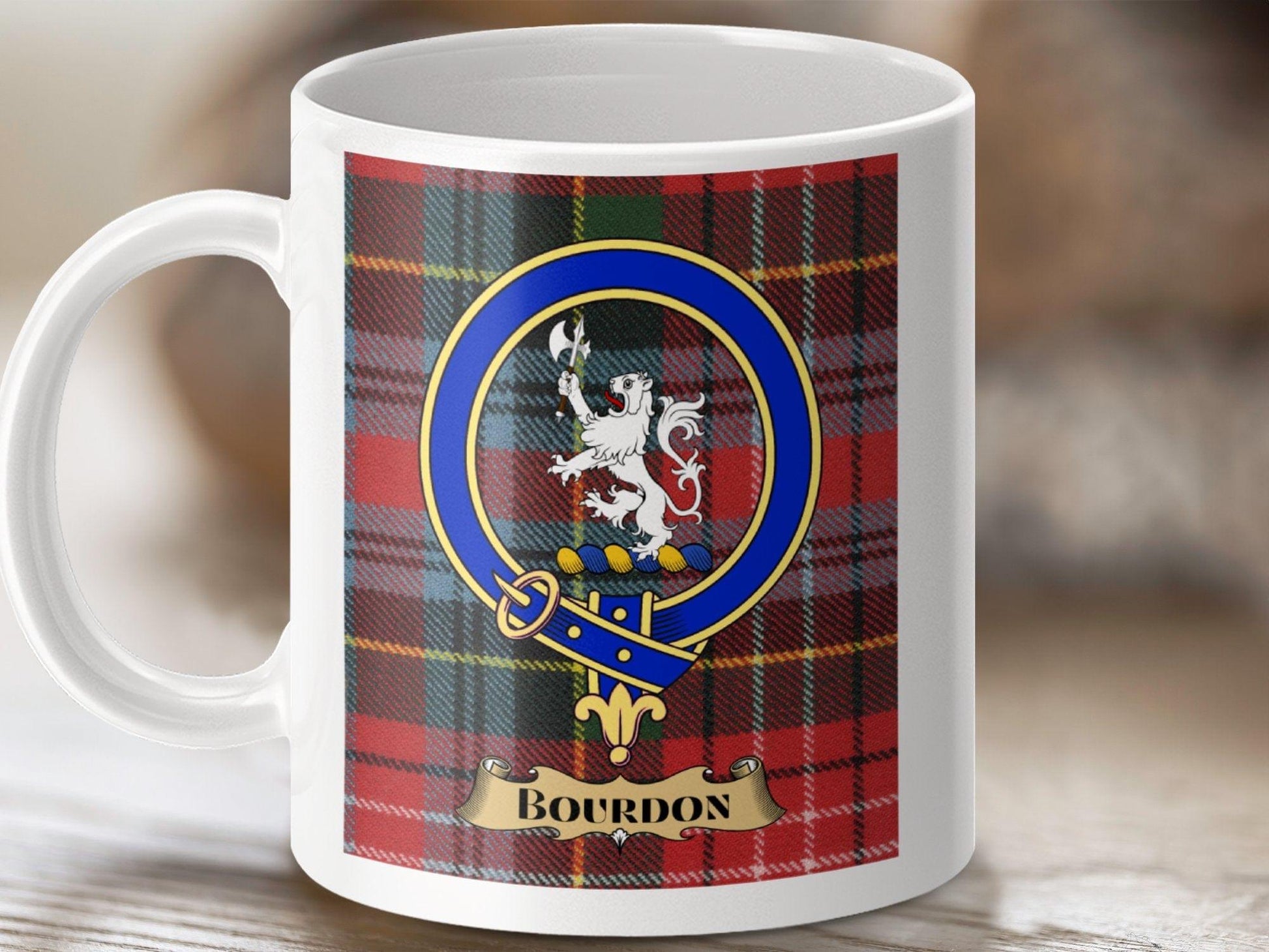 Physical Item 11oz / White Bourdon Clan Scottish Tartan Crest Mug