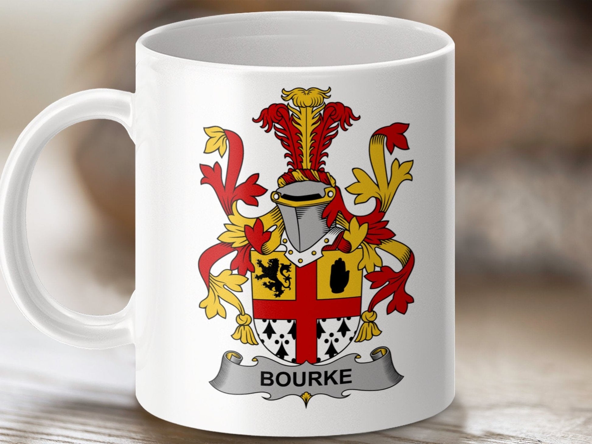 Physical Item 11oz / White Bourke Surname Irish Heraldry Ceramic Mug