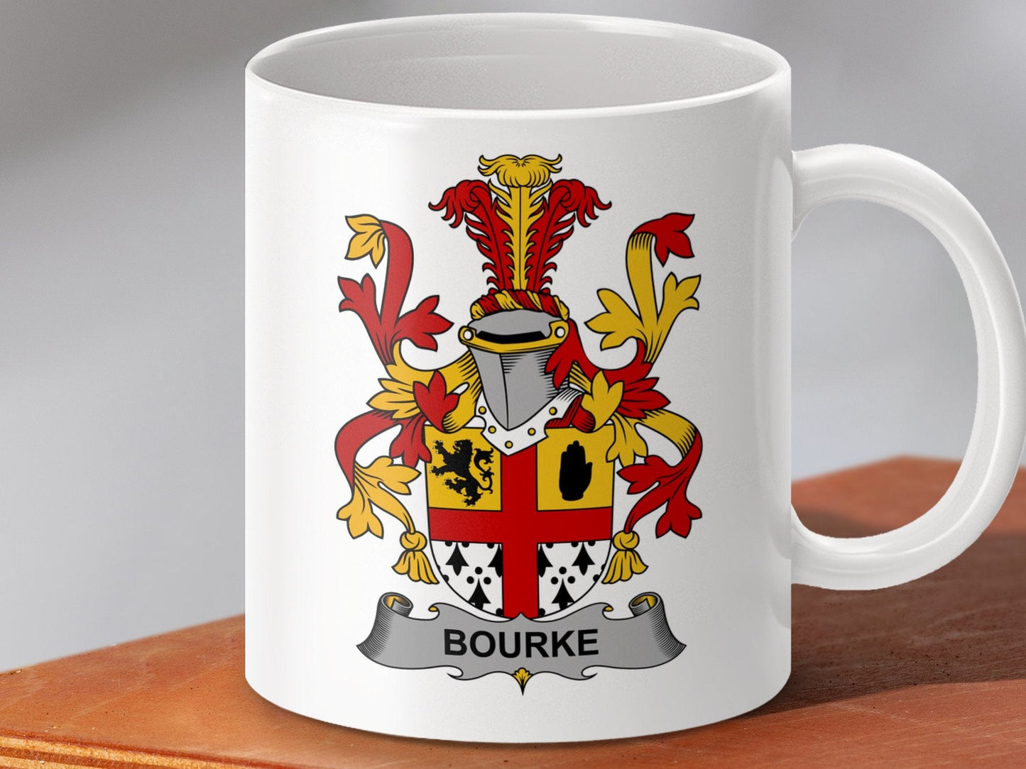 Physical Item 11oz / White Bourke Surname Irish Heraldry Ceramic Mug