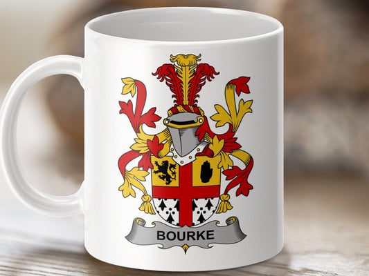 Physical Item 11oz / White Bourke Surname Irish Heraldry Ceramic Mug