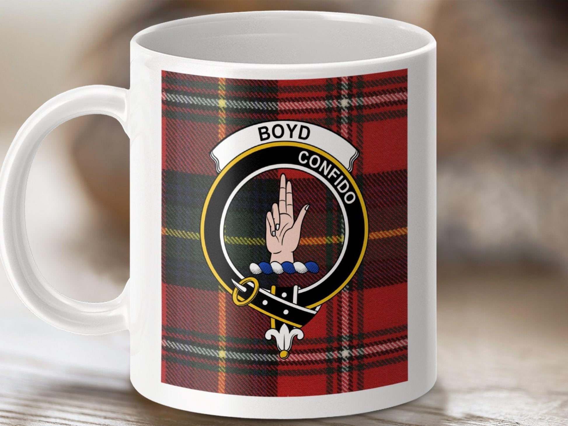 Physical Item 11oz / White Boyd Clan Scottish Tartan Crest Mug