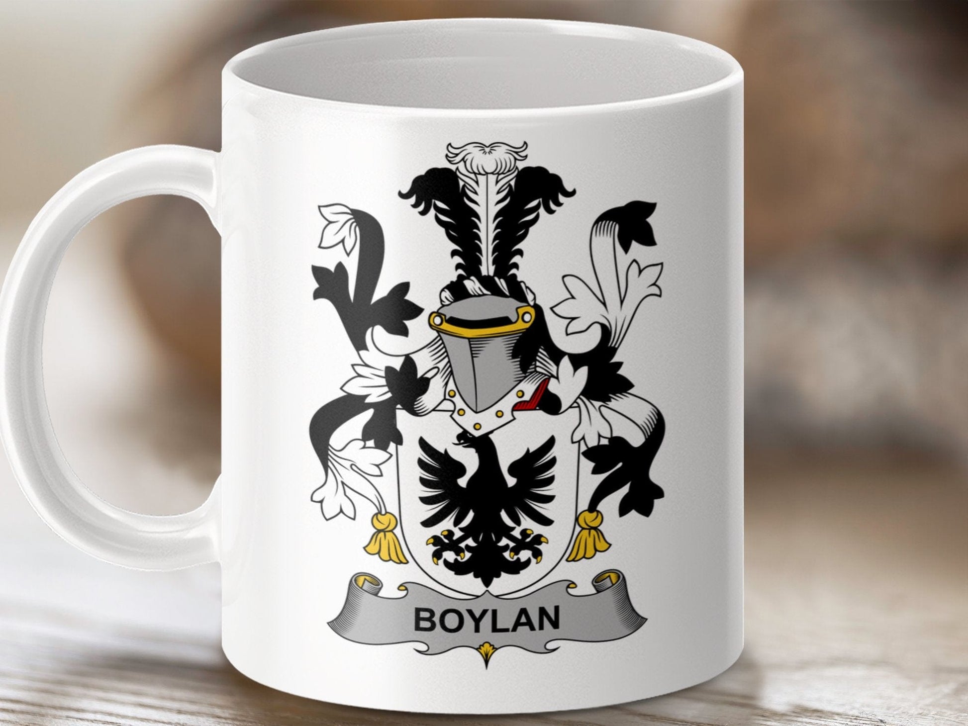 Physical Item 11oz / White Boylan Surname Irish Heraldry Ceramic Mug