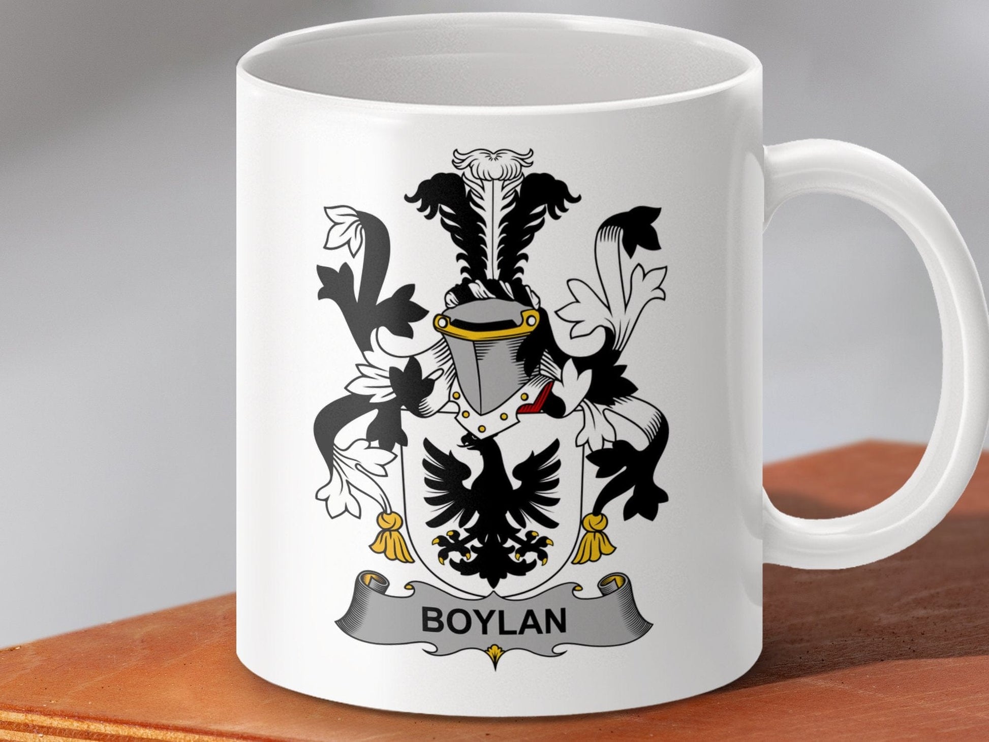 Physical Item 11oz / White Boylan Surname Irish Heraldry Ceramic Mug