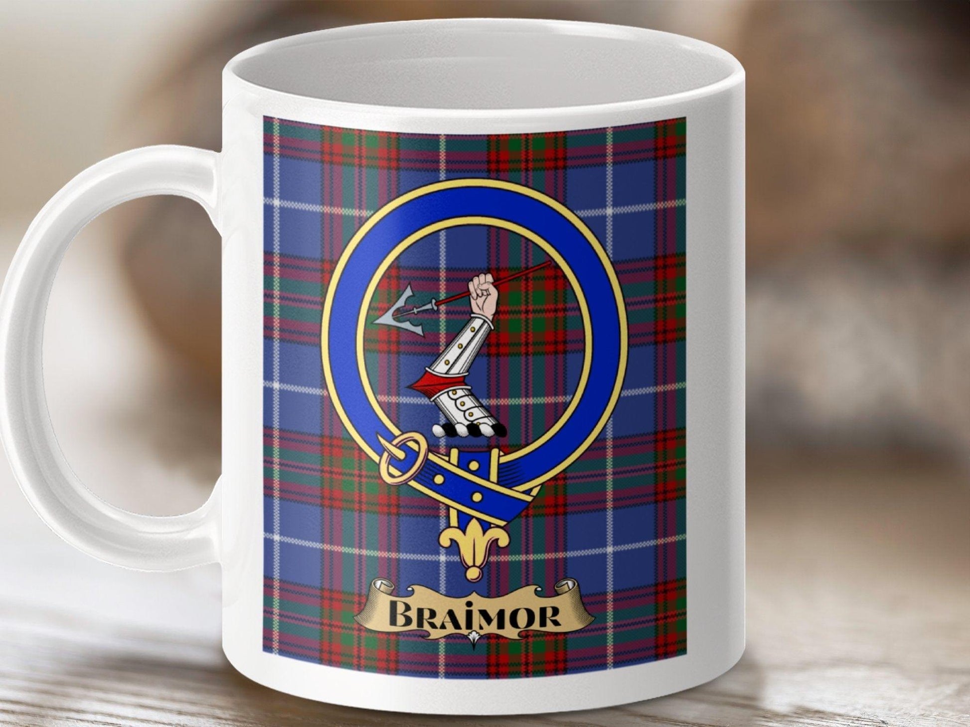 Physical Item 11oz / White Braimor Clan Scottish Tartan Crest Mug