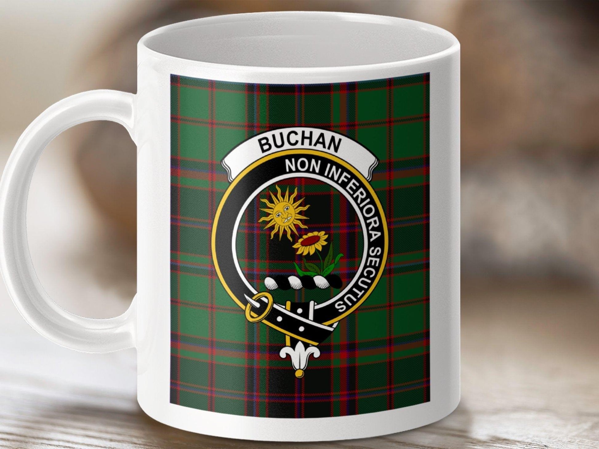 Physical Item 11oz / White Buchan Clan Scottish Tartan Crest Mug