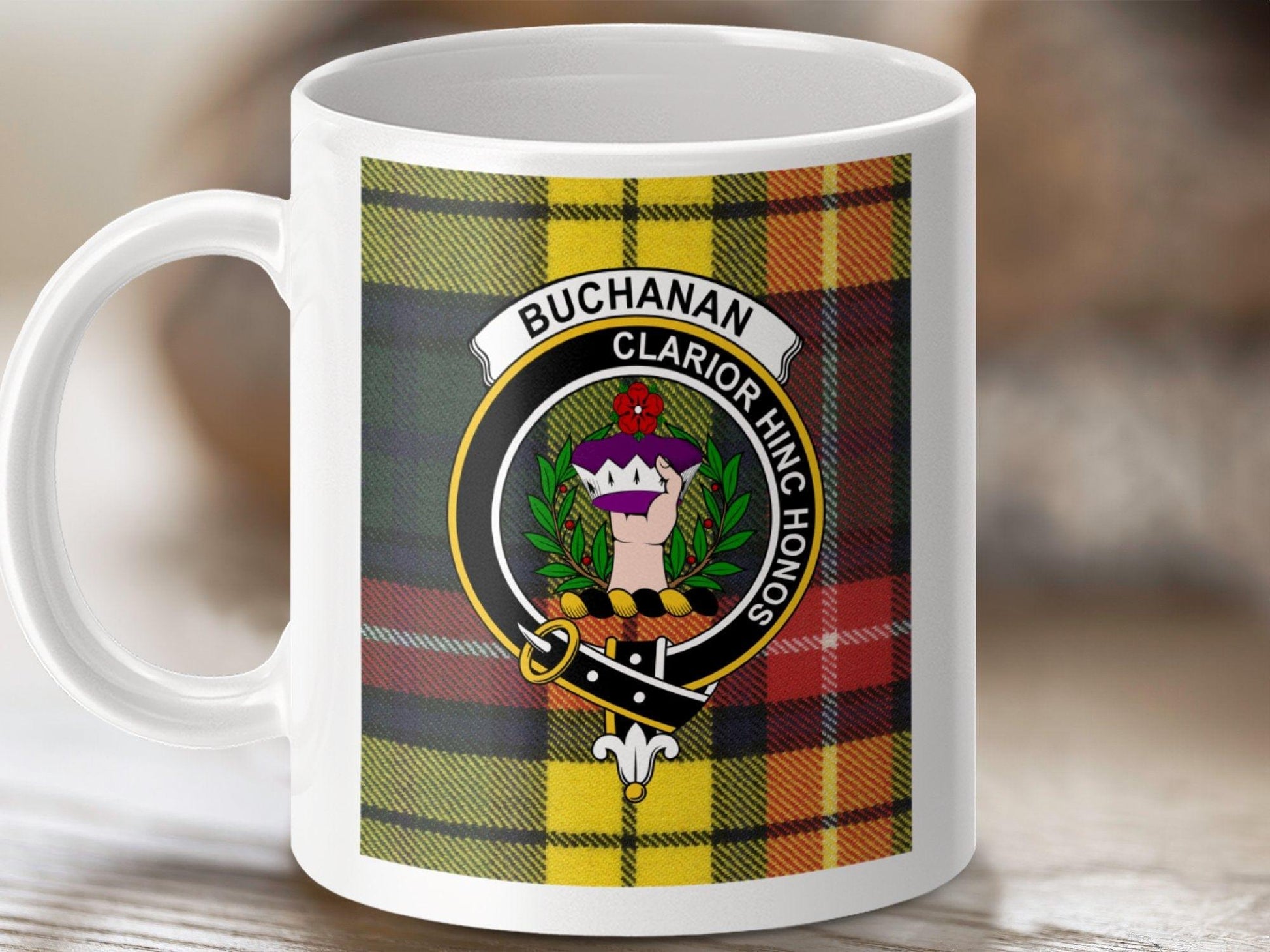 Physical Item 11oz / White Buchanan Clan Scottish Tartan Crest Mug