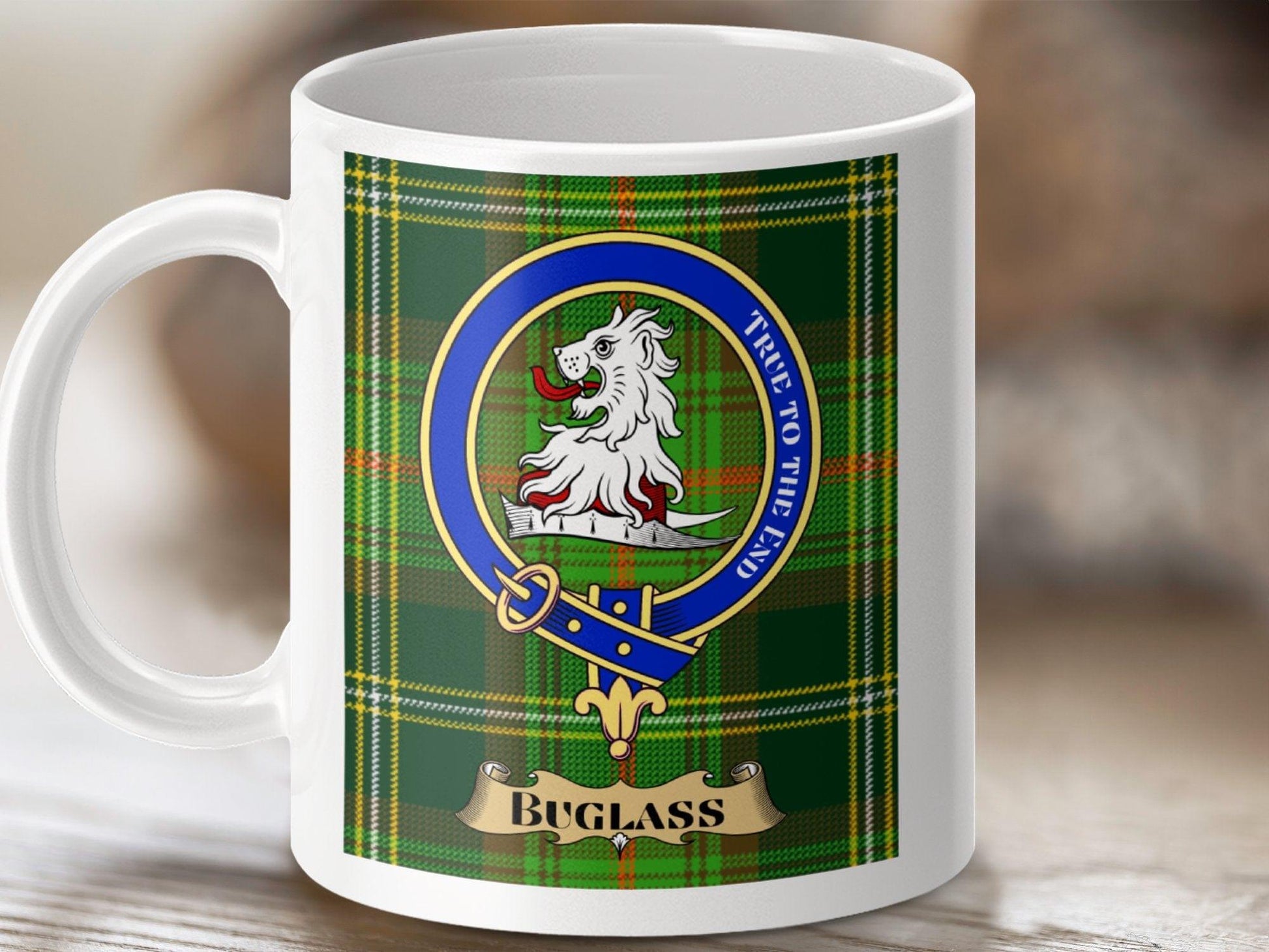 Physical Item 11oz / White Buglass Clan Scottish Tartan Crest Mug