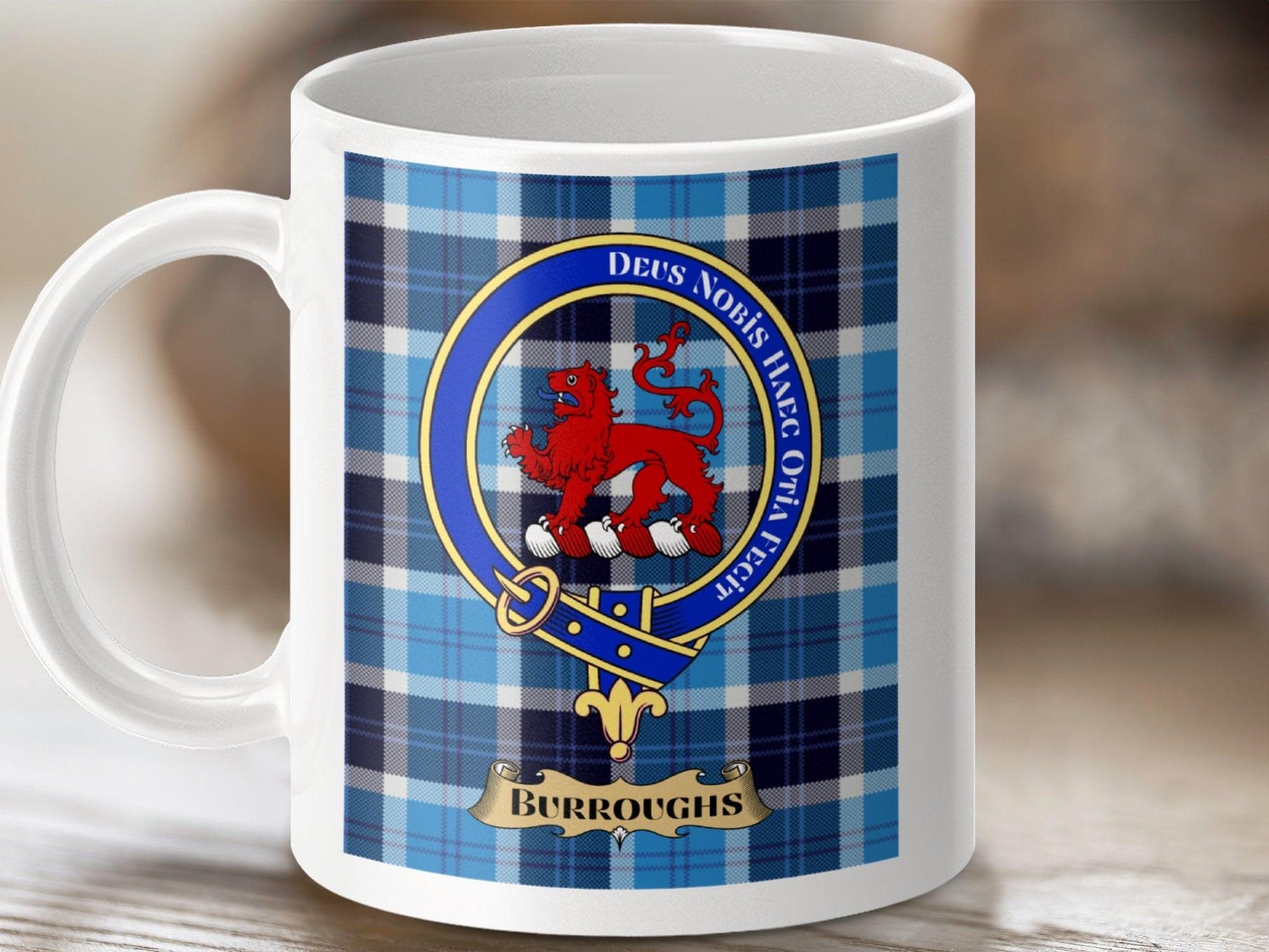 Physical Item 11oz / White Burroughs Clan Scottish Tartan Crest Mug