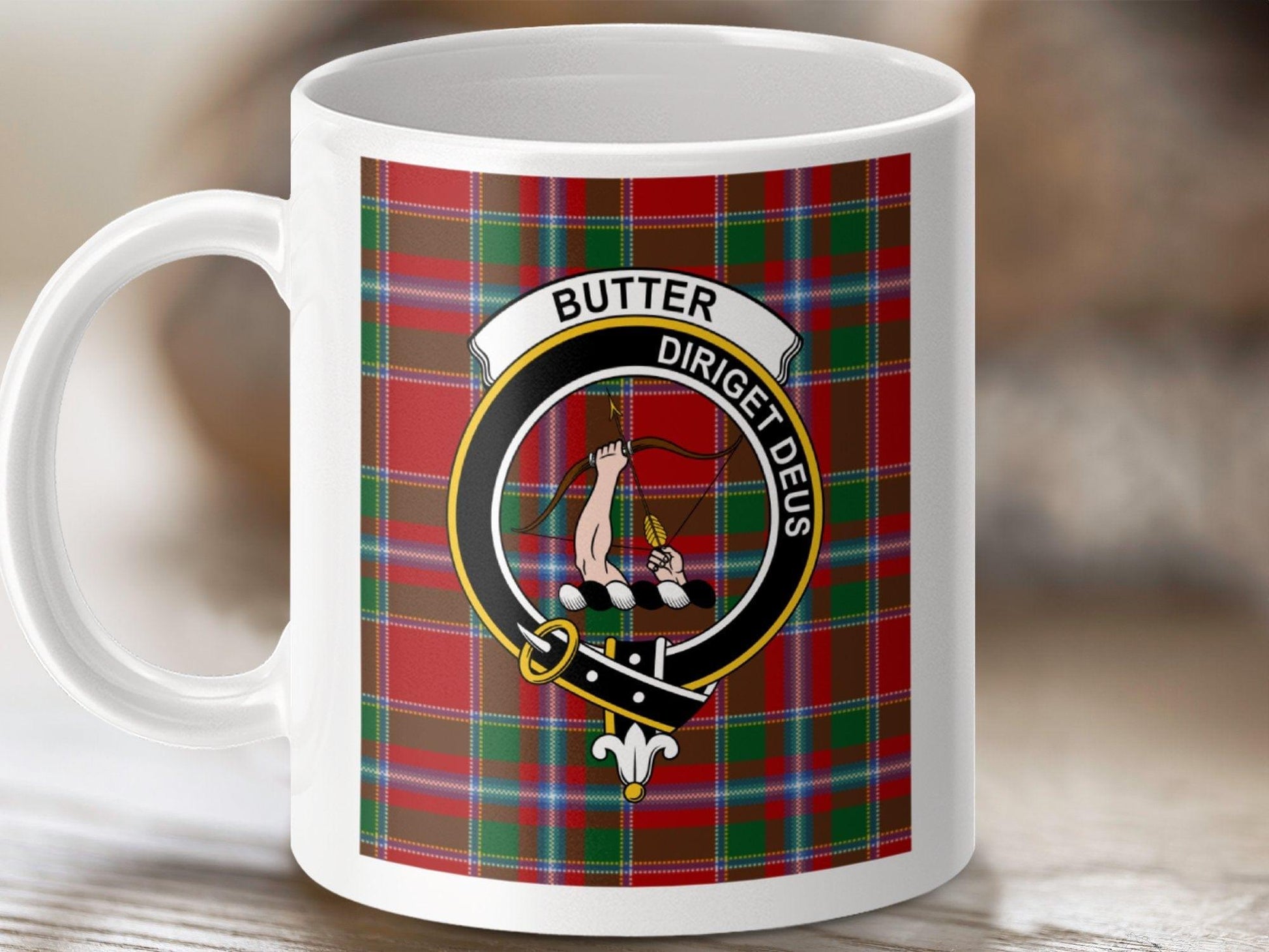 Physical Item 11oz / White Butter Clan Scottish Tartan Crest Mug