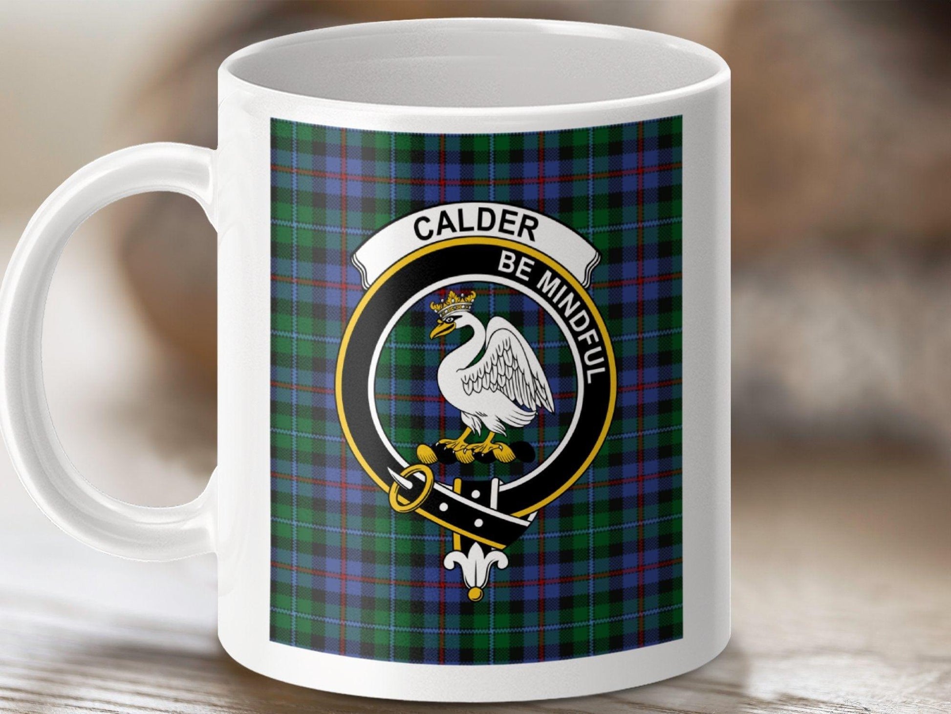Physical Item 11oz / White Calder Clan Scottish Tartan Crest Mug