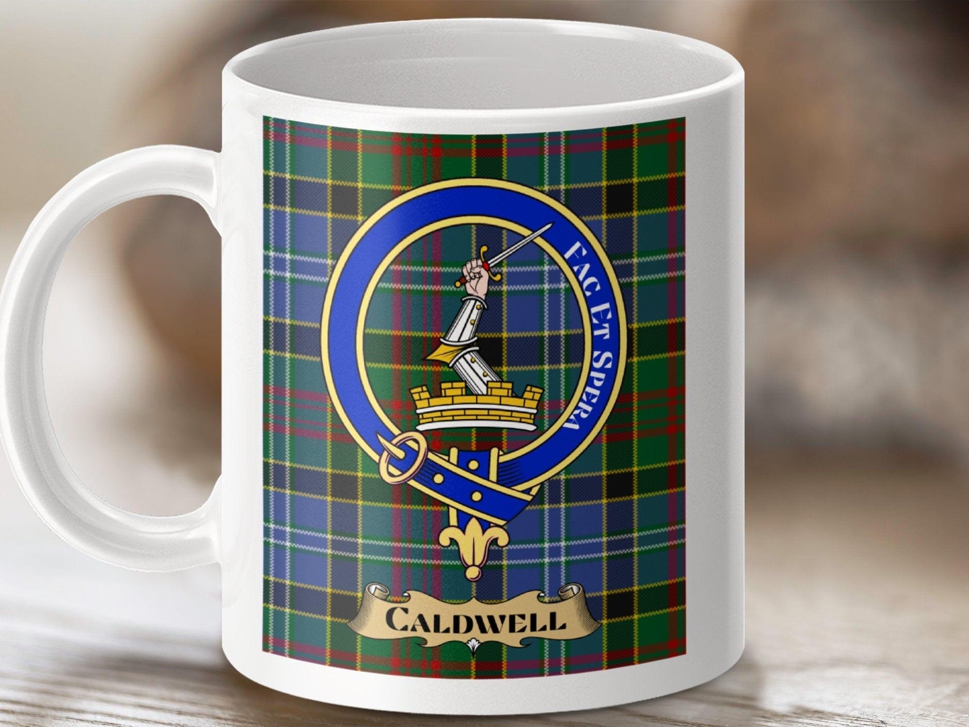 Physical Item 11oz / White Caldwell Clan Scottish Tartan Crest Mug