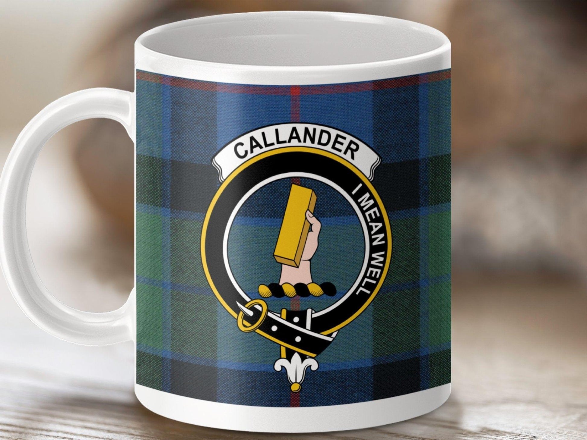 Physical Item 11oz / White Callander Clan I Mean Well Tartan Mug