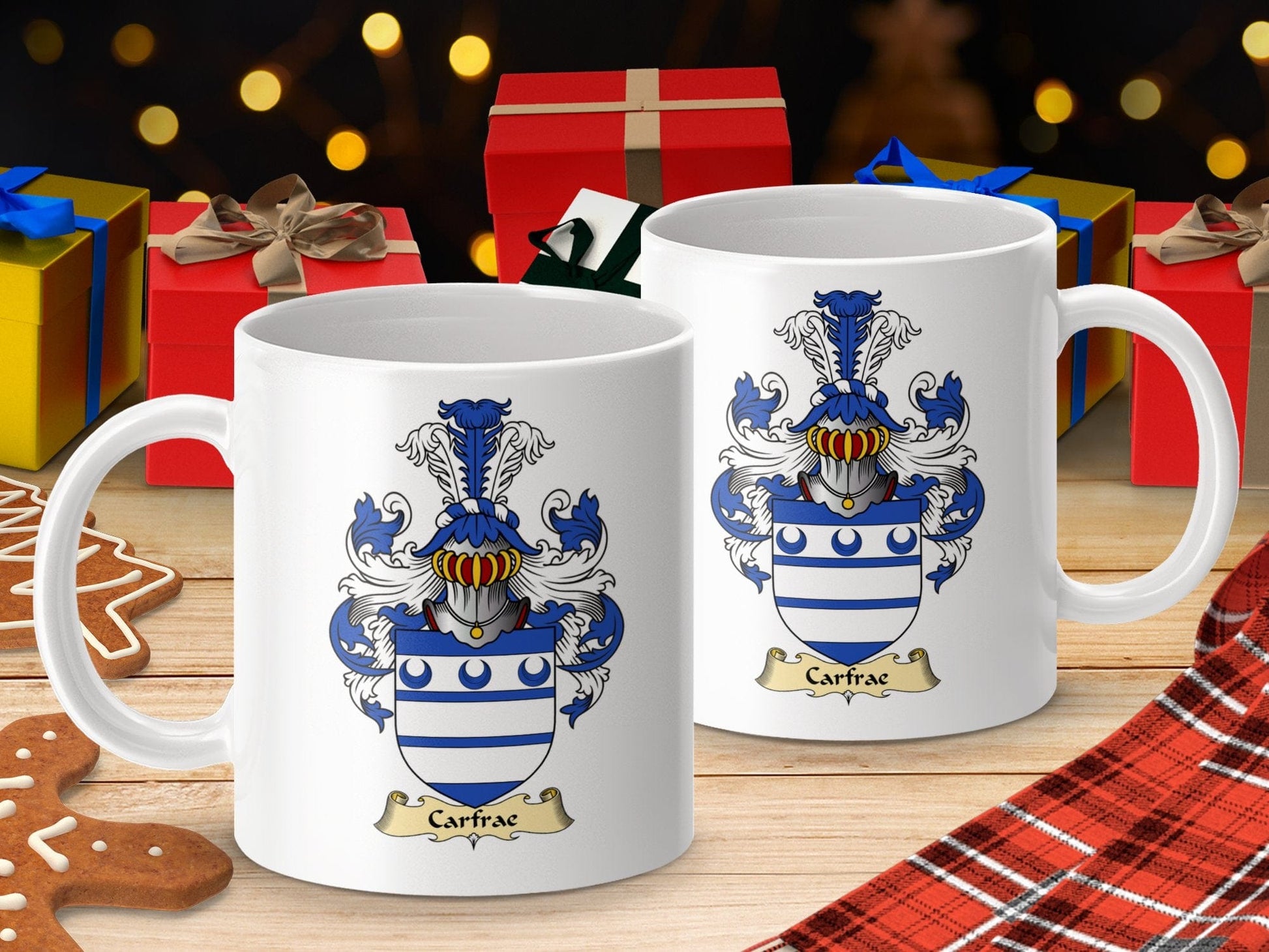 Physical Item 11oz / White Carfrae Clan Coat of Arms Blue and White Scottish Mug