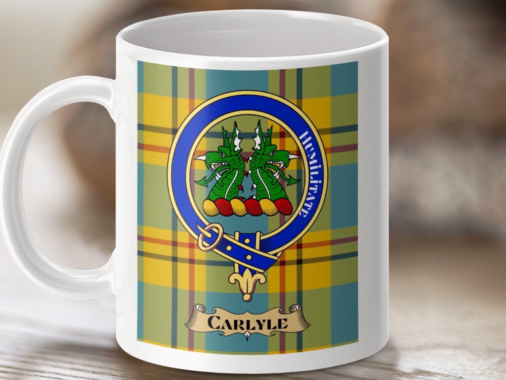 Physical Item 11oz / White Carlyle Clan Scottish Tartan Crest Mug