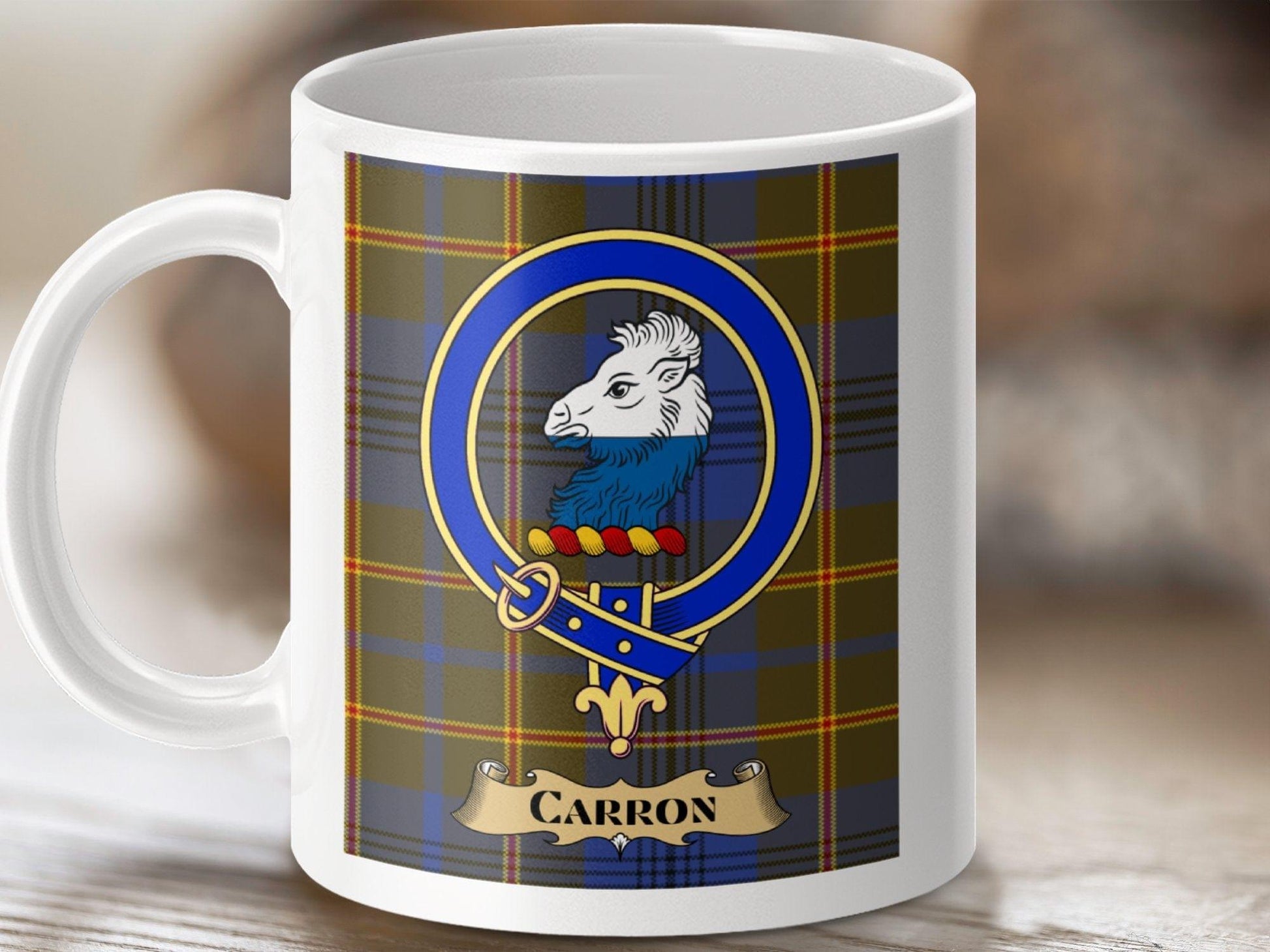 Physical Item 11oz / White Carron Clan Scottish Tartan Crest Mug