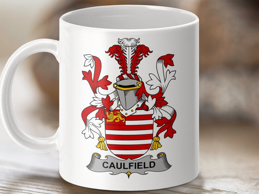 Physical Item 11oz / White Caulfield Surname Irish Heraldry Ceramic Mug