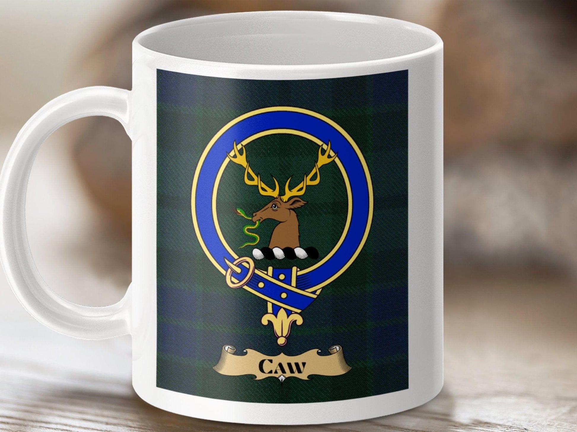 Physical Item 11oz / White Caw Clan Scottish Tartan Crest Mug