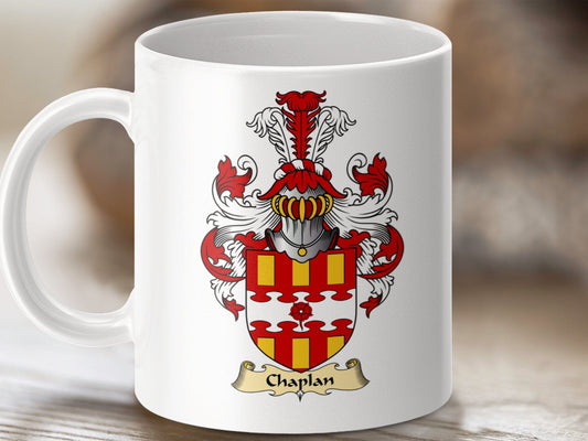 Physical Item 11oz / White Chaplan Family Crest Coat Of Arms Scottish Mug