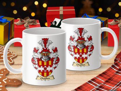 Physical Item 11oz / White Chaplan Family Crest Coat Of Arms Scottish Mug