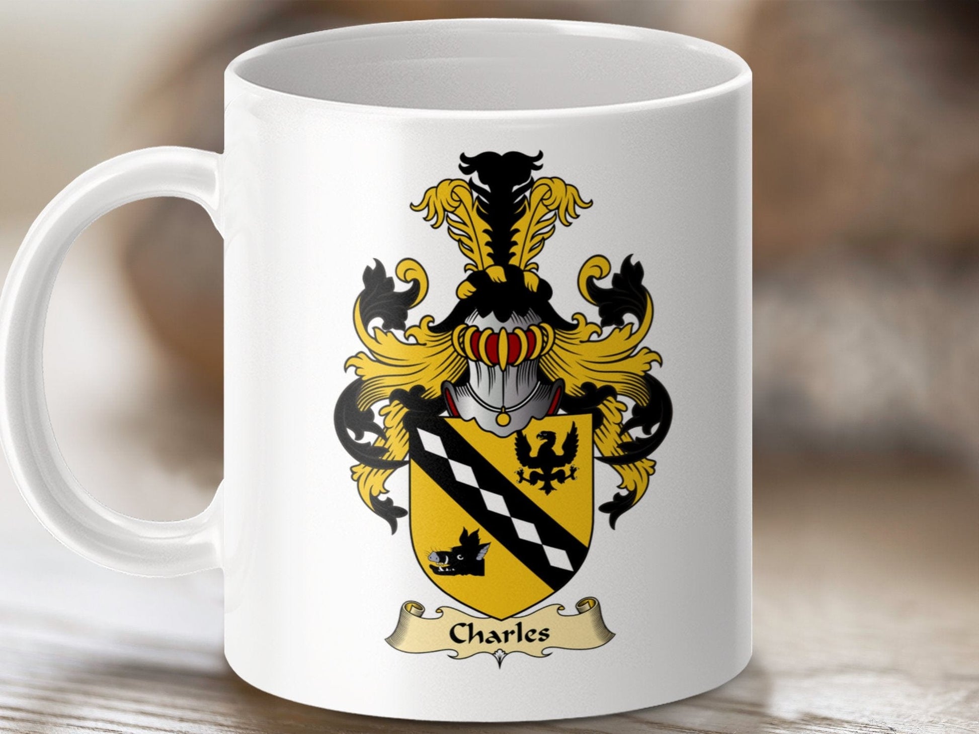 Physical Item 11oz / White Charles Clan Coat Of Arms Scottish Mug