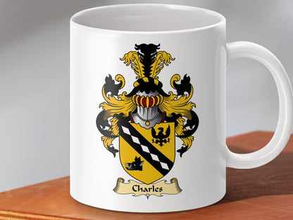 Physical Item 11oz / White Charles Clan Coat Of Arms Scottish Mug