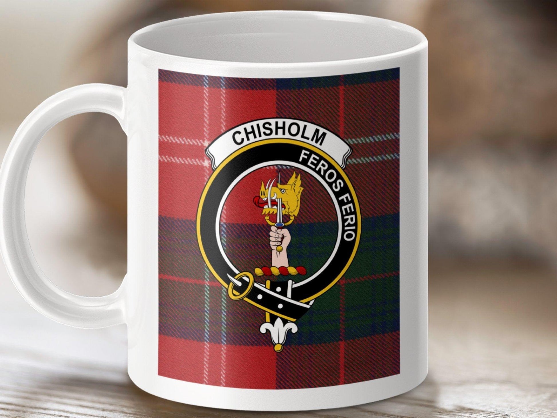 Physical Item 11oz / White Chisholm Clan Scottish Tartan Crest Mug