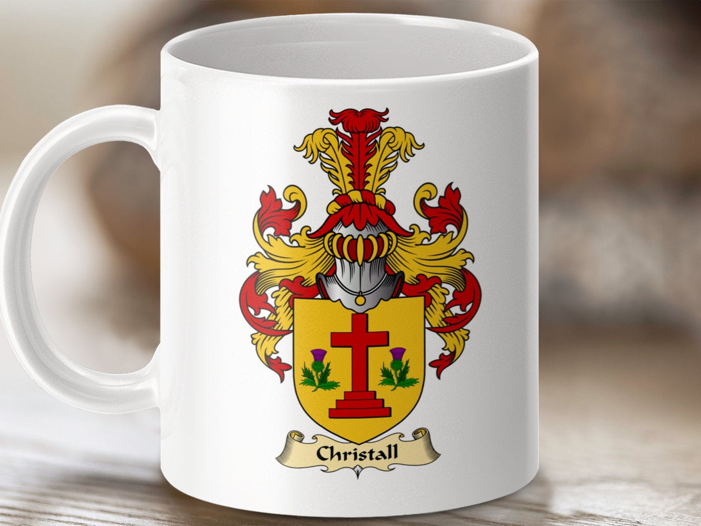 Physical Item 11oz / White Christall Clan Emblem with Cross and Thistle Shield Mug