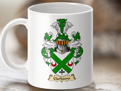 Physical Item 11oz / White Clarksone Clan Coat of Arms Scottish Mug