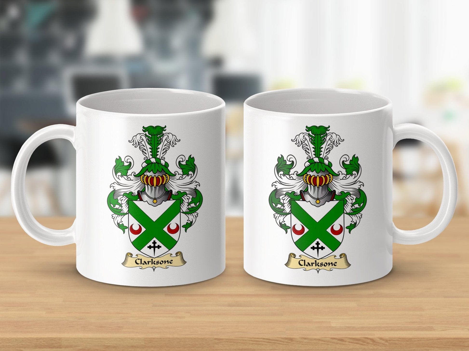 Physical Item 11oz / White Clarksons Family Crest with Scottish Clan Coat Of Arms Mug