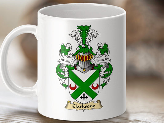 Physical Item 11oz / White Clarksons Family Crest with Scottish Clan Coat Of Arms Mug